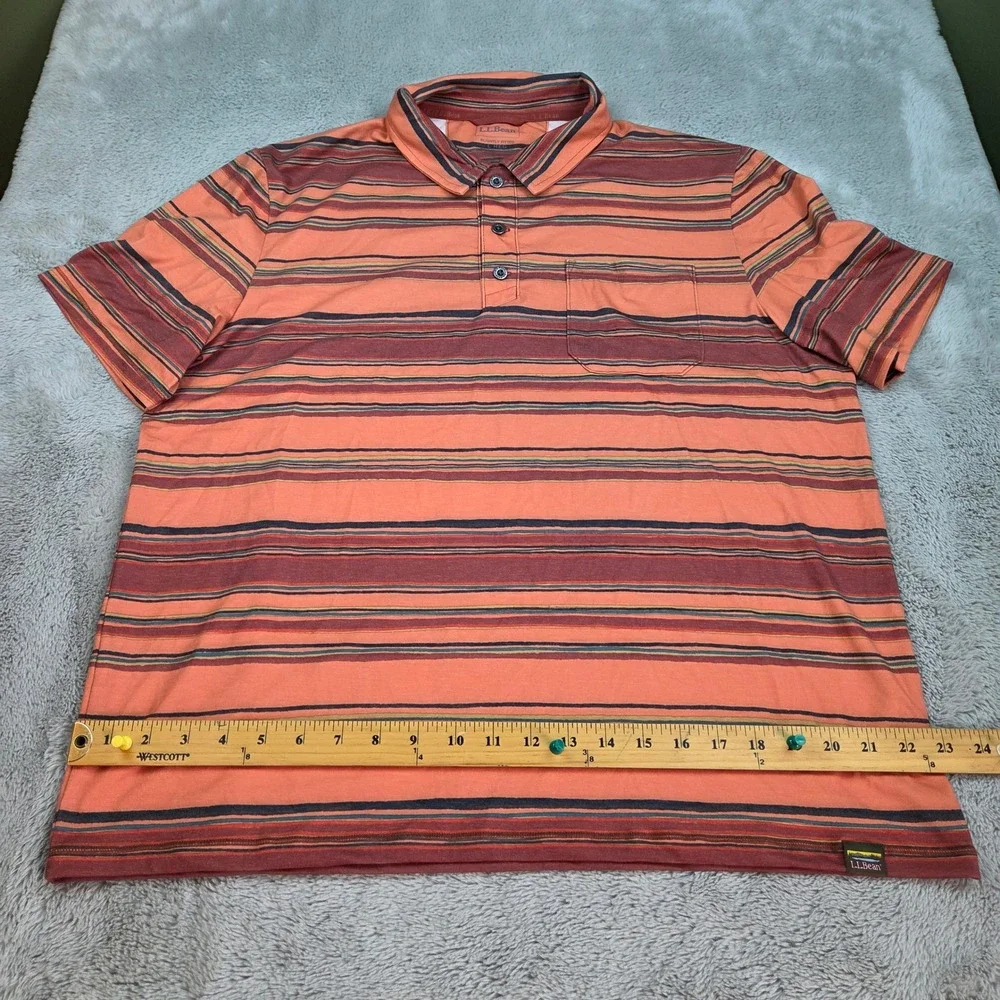 L.L. Bean Polo Shirt Mens L REG Slightly Fitted Striped Pocket Jersey Orange Mul